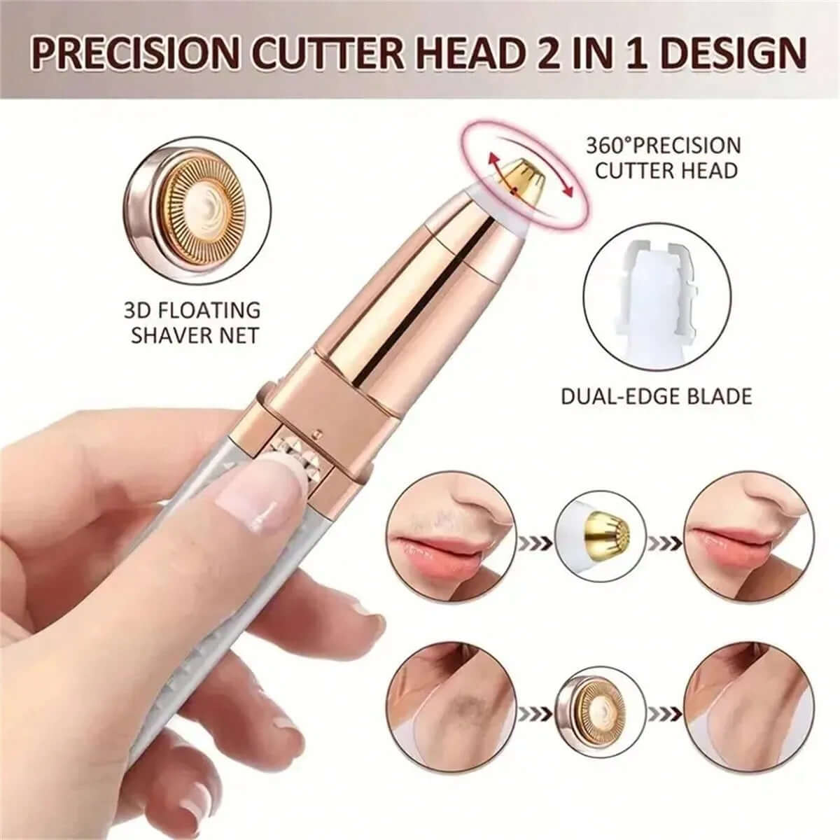 2-In-1 Eyebrow Razor and Hair Shaver (Rechargeable) with LED Light — Lips, Eyebrows, Peach Fuzz