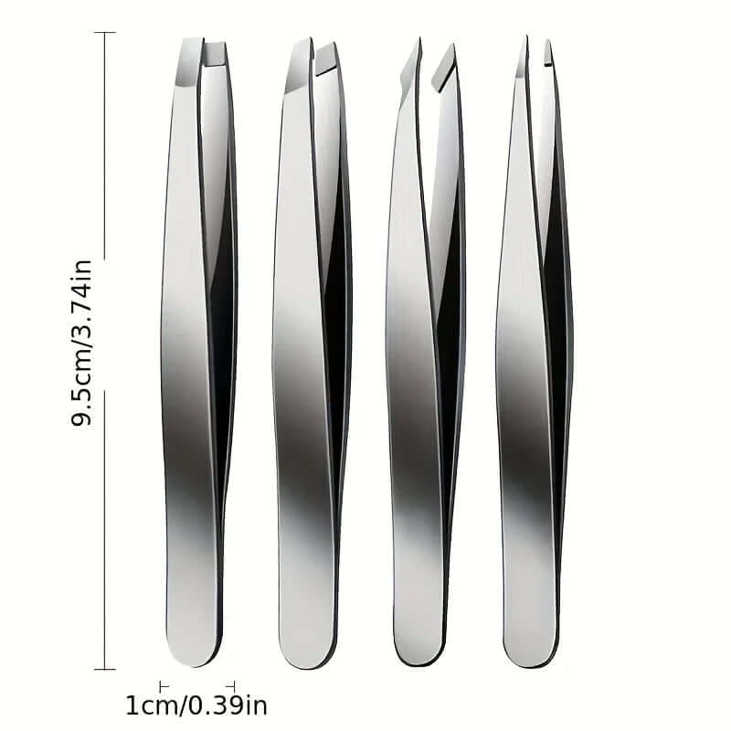 4-Piece Professional Tweezers Set — Eyebrow Hair Removal & Splinter Removal Tools