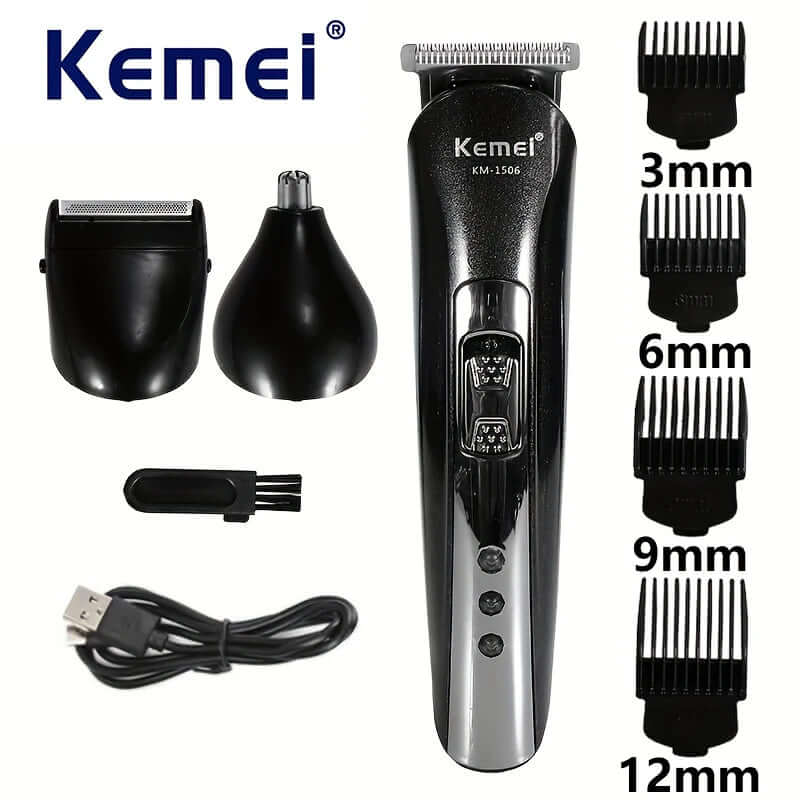 3-in-1 Electric Shaver KM-1506 — USB Rechargeable Trimmer for Hair, Nose, and Shaving