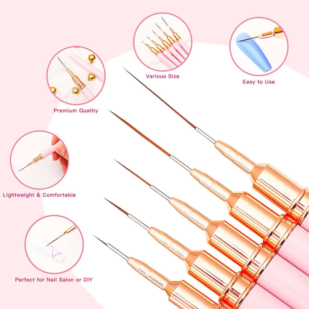 Nail Brush Pen 5pcs Set — Nail Art Liner Brushes for Elongated Striping & Drawing (Professional)