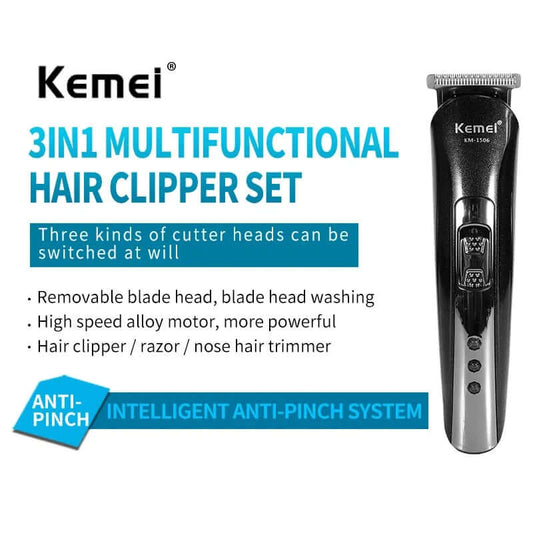 3-in-1 Electric Shaver KM-1506 — USB Rechargeable Trimmer for Hair, Nose, and Shaving