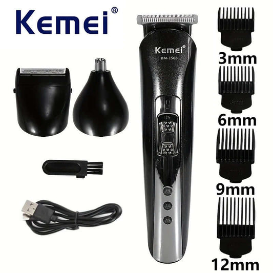 3-in-1 Electric Shaver KM-1506 — USB Rechargeable Trimmer for Hair, Nose, and Shaving