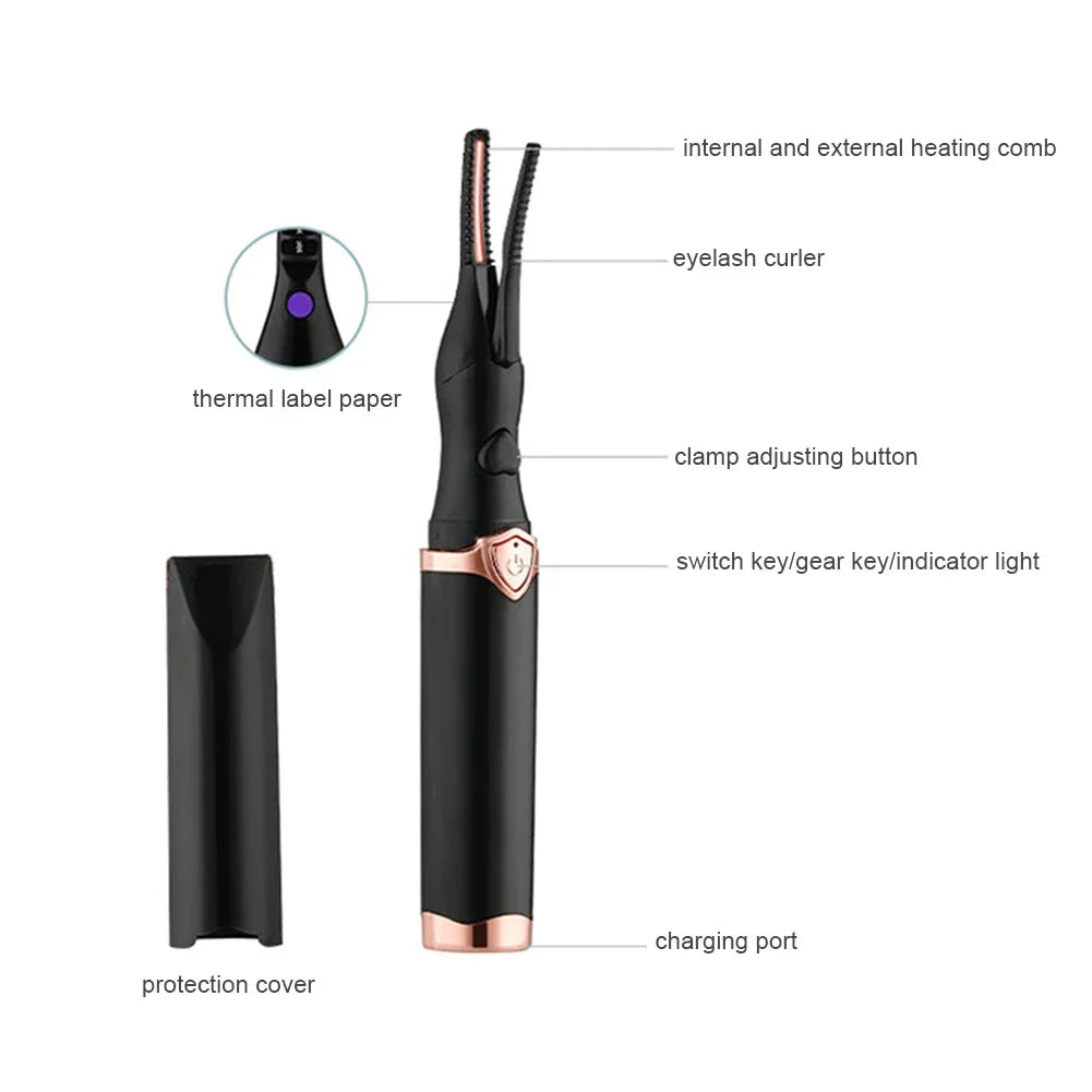 2-in-1 portable heated eyelash curler, long-lasting curling comb clip, USB power supply, 3-speed temperature mode, beauty tool