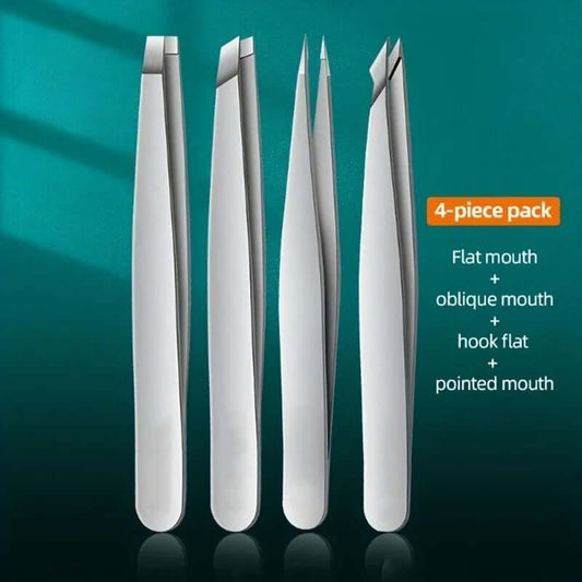 4-Piece Professional Tweezers Set — Eyebrow Hair Removal & Splinter Removal Tools