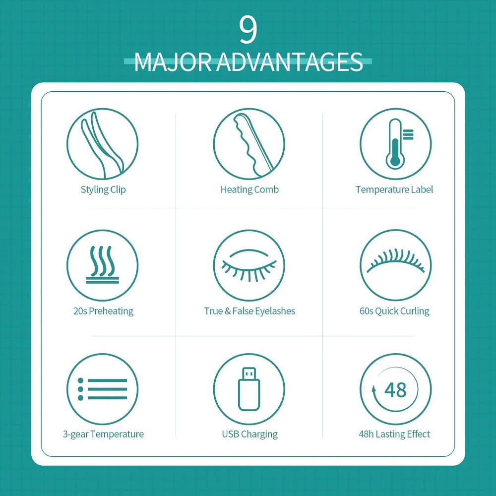 2-in-1 portable heated eyelash curler, long-lasting curling comb clip, USB power supply, 3-speed temperature mode, beauty tool