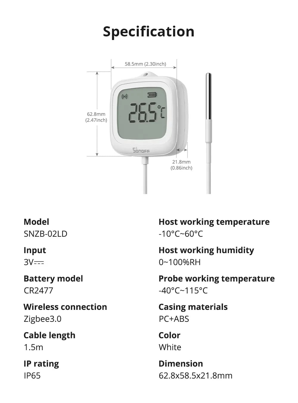 SONOFF SNZB-02LD IP65 Zigbee LCD Smart Thermometer With Probe Detect Pool Bathtub Fridge Freezer Liquid Temperature Measurement