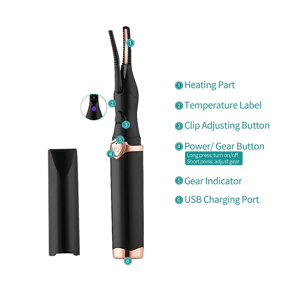 2-in-1 portable heated eyelash curler, long-lasting curling comb clip, USB power supply, 3-speed temperature mode, beauty tool